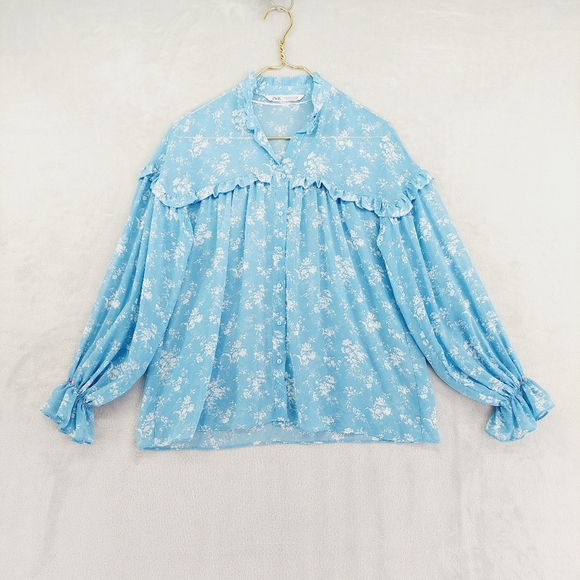 ZARA Women’s Blue Floral Sheer Long Sleeve Button Front Blouse P3088 - Picture 2 of 8